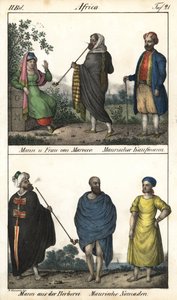 Mann und Frau aus Marokko, ein maurischer Händler oben und ein Paar Marokkaner, ein maurischer Händler und unten ein Berbermann im Mantel und ein Paar maurische Nomaden. Lithographie aus dem Buch: „Galerie complète en tableaux fidèles des peuples d