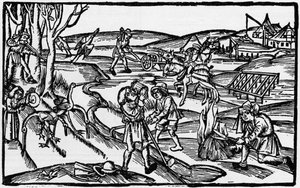 Leben auf dem Land im Mittelalter aus einer Gravur des 16. Jahrhunderts, veröffentlicht 1931