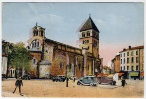 Midi Pyrenees, Haute-Garonne (31), Saint Gaudens: Außenansicht der Kollegialkirche Saint Peter und Saint Gaudens - Postkarte von 1951 von William M. Timlin