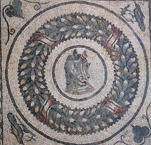 Mosaik des Peristyls. Detail, das einen Pferdekopf darstellt. 3. - 4. Jahrhundert. Römische Villa del Casale, Sizilien. UNESCO-Weltkulturerbe.
