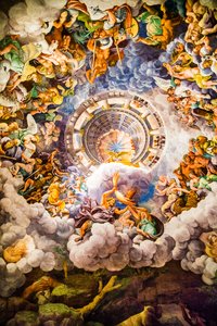 Berühmtestes Fresko des Manierismus: Giulio Romanos Illusion erfindet eine Kuppel und löst die Architektur des Raumes in den Fall der Giganten auf, Saal der Giganten