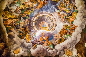 Berühmtestes Fresko des Manierismus: Giulio Romanos Illusion erfindet eine Kuppel und löst die Architektur des Raumes in den Fall der Giganten auf, Saal der Giganten
