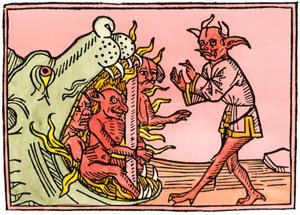 Mythen und Legenden: Drachenmaul in der Hölle, das Dämonen verbrennt (Farbstich aus einer Augsburger Ausgabe) von Unbekannter Künstler