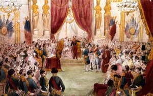 Zivile Hochzeit von Napoleon III. im Jahr 1853: der Kaiser stellt seine Frau Eugenia dem Hof vor, Aquarell 19. Jahrhundert
