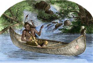 Ureinwohner Amerikas: Indianer. Hiawatha beim Fischen in einem Kanu. Farbige Gravur des 19. Jahrhunderts. von Unbekannter Künstler