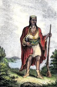 Ureinwohner Amerikas: Indianer der Vereinigten Staaten. Metacomet (ca. 1639-1676), auch bekannt als König Philip oder Metacom, Häuptling der Wampanoag (Massachusetts, Neuengland) (Farbstich)