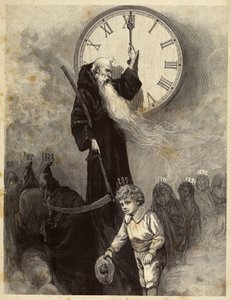 Neujahrsallegorie 1889, die ein altes Gewölbe darstellt, das das alte Jahr symbolisiert, das einem lächelnden kleinen Jungen Platz macht, der das neue Jahr symbolisiert. Die Zeit schaut auf die Szene, indem sie die Zeiger einer Uhr dreht. Gravur aus dem 19