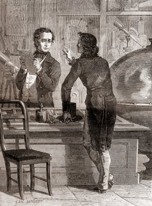 Nicéphore Niépce, noch unbekannt und arm, im optischen und Instrumentengeschäft von Charles Chevalier, aus Les Merveilles de la Science, veröffentlicht um 1870 (Gravur) von Unbekannt