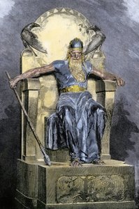 Nordische Mythologie: Darstellung der Gottheit Wotan (Odin) (Farbstich des 19. Jahrhunderts)