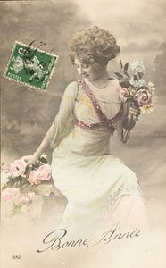 Alte Postkarte Frohes Jahr Wunsch Frau Belle Epoque von William M. Timlin