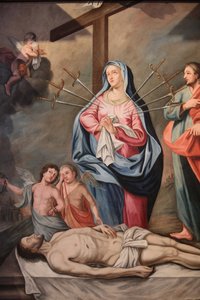 Unsere Liebe Frau von der Himmelfahrt Kirche. Die sieben Schmerzen Mariens. Cordon, Frankreich