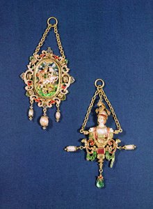 Ovaler Anhänger, der St. Georg zeigt, wie er den Drachen tötet, Nordeuropa, ca. 1600; Anhänger in Form einer Büste der Minerva, Süddeutschland, ca. 1570 von Unbekannt