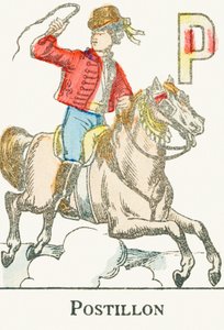 P: Postillon, ein junger Reiter im Kosakenkostüm - Gravur aus „Alphabet der Spiele“, um 1890