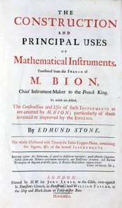 Titelblatt des Buches von Nicolas Bion (1652-1933) über mathematische Instrumente, englische Übersetzung, mit Zusatz der "englischen Verbesserungen", herausgegeben in London 1723 von Unbekannt