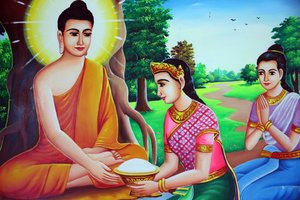 Gemälde, das Buddha beim Empfang von Opfergaben darstellt. Kambodscha