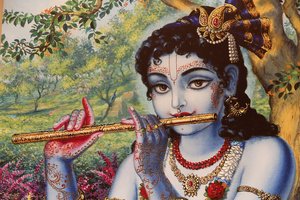 Gemälde darstellend den hinduistischen Gott Krishna, der draußen Flöte spielt. Indien
