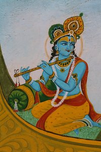 Gemälde darstellend Krishna auf einem Boot. Indien