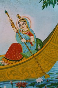 Gemälde darstellend Sri Radha (Krishnas Gefährtin) beim Rudern eines Bootes. Indien