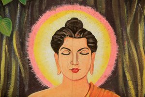 Gemälde, das die Lebensgeschichte von Shakyamuni Buddha darstellt. Wat Naxai. Vientiane, Laos