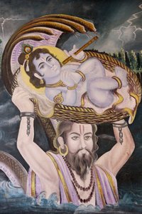 Gemälde in Gokul: Krishna als Baby, das von Vasudeva über den Yamuna-Fluss getragen wird. Indien