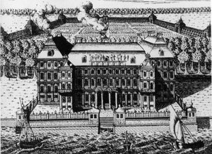 Palast von A. Menshikov auf der Wassiljewski-Insel: Eines der ersten Gebäude in St. Petersburg (1711-1716), Gravur von A. Zubov (1717), Russland von Unbekannt