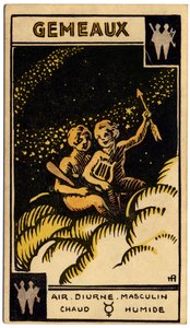 Paranormal. Astrologie. Zwillinge (die Zwillinge). Astrologische Karte aus: Le Tarot Astrologique, von Georges Muchery, Frankreich von Unbekannter Künstler