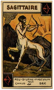 Paranormal. Astrologie. Schütze (der Bogenschütze). Astrologische Karte aus: Le Tarot Astrologique, von Georges Muchery, Frankreich