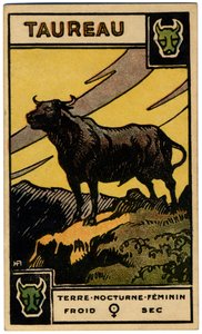 Paranormal. Astrologie. Stier (der Stier). Astrologische Karte aus: Le Tarot Astrologique, von Georges Muchery, Frankreich