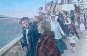 Passagiere auf dem Deck eines Dampfschiffs