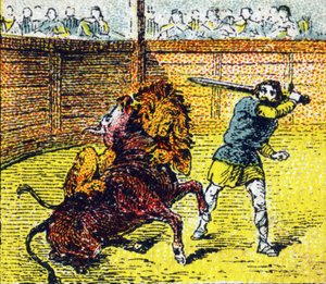 Pippin der Kurze steigt in die Arena, um den Löwen zu töten, der gerade auf den Nacken des Stiers gesprungen war (Illustration aus „Histoire de France“) von Unbekannt
