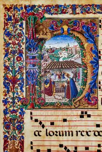 Piccolomini-Bibliothek: Chorbuch, Cod. 2.B, ff. 5v mit „Geburt Christi“, von Florentiner Illuminator. (Detail)