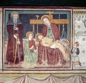Pieta mit St. Antonius Abt, Fresko, Homo Salvadego Museum, Sacco, Cosio Valtellino, Lombardei, Italien