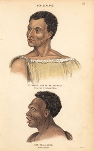 Porträt von Te Kewiti, Sohn von Te Kauwain, junger Häuptling der Maori Ngate Watnas, Neuseeland, und Porträt eines tätowierten Maori, Neuseeländer, gezeichnet in London von Agasse. Handkolorierter Stahlstich von Lizars nach einer Illustration von Charles H