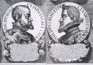 Porträts von Philipp II. und Philipp III. von Spanien (Lithografie)