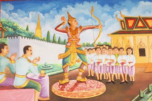 Preah Prom Rath Kloster, Leben des Buddha, Prinz Siddhartha Gautama wurde ein Meister im Schwertkampf, Ringen und Bogenschießen, Siem Reap, Kambodscha von Unbekannt