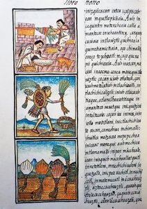Federverarbeitung, Text in Nahuatl, aus Faksimile des Manuskripts Allgemeine Geschichte der Dinge von Neuspanien, auch bekannt als Florentiner Kodex, von Bernardino de Sahagun