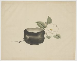Raku-Teeschale und weiße Kamelie