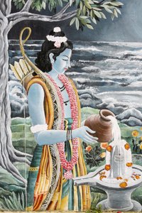 Rama gießt Milch über Shivas Lingam. Pashupatinah, Kathmandu, Nepal
