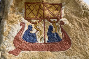 Registrierung und Darstellung eines Drakkars (Wikingerschiff) Wikinger Rune. Wikingermuseum, Bork am Ringkøbing Fjord, Dänemark