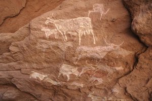 Felskunst, Vorgeschichte: Felsmalerei einer Gruppe von Rindern in einem verzierten Schutzraum im Uweinat-Massiv, Sudan (Karkur-Talh oder Karkur Talh). Zeitraum von 8000 bis 3000 Jahre v. Chr. Fotografie