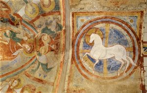 Romanische Kunst: Kirche Notre Dame in Montmorillon, Vienne, Poitou-Charentes, Frankreich, Fresken aus der Krypta der Prinzessin Saint Catherine von Alexandria, das Lamm der Apokalypse als Pferd dargestellt. Fotografie