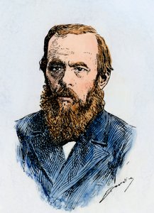 Russischer Schriftsteller Fjodor Dostojewski (1821-1881). Handkolorierter Holzschnitt einer Illustration aus dem 19. Jahrhundert von Unbekannter Künstler