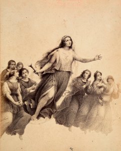 Die heilige Lucia, mit Fackel in der Hand, fliegt durch das Firmament des Empyreums, umgeben von Jugendlichen. Illustration des Canto XXXII in Paradiso aus der Göttlichen Komödie von Dante Alighieri. Werk von Francesco Scaramuzza, gewidmet der Gemeinde Flo von Unbekannter Künstler