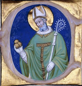 Heiliger Nikolaus von Myra, historiierte Initiale "C", aus einem illuminierten Chorbuch auf Pergament, ca. 1400