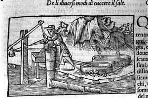 Salzproduktion: Kochen. Gravur von Olaus Magnus (1490-1557), schwedischer Geistlicher und Geograph, „Historia de Gentis Septentrionalibus“, Venedig von Unbekannt