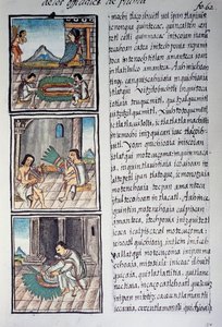 Satz von Verzierungen und Federkopfschmuck der Kaiser, Seite aus dem Florentiner Kodex, zweisprachige Version in Spanisch und Nahuatl, Allgemeine Geschichte der Dinge von Neuspanien, von Fray Bernardino de Sahagun