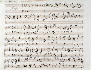 Notenblatt für Händels Fuge aus einem Manuskript mit zwei Werken von Domenico Scarlatti und Friedrich Händel von Unbekannter Künstler