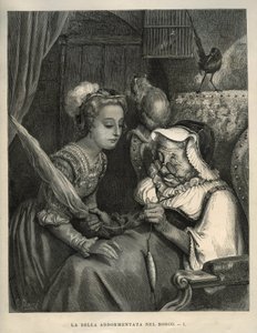 Dornröschen: Die Prinzessin entdeckt eine alte Frau beim Spinnen von Wolle. Gravur von Gustave Doré (1832-1883) aus „Les contes“ von Charles Perrault (1628-1703)