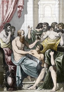 Sokrates wird zum Trinken von Schierling verurteilt (399 v. Chr.), späte 19. Jahrhundert (Gravur)
