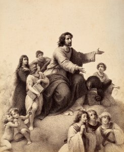 St. Johannes der Evangelist mit ausgestreckten Armen ist von Jugendlichen und Engeln umgeben; zu seinen Füßen hält ein Adler das Evangelium in seinen Klauen; ein Jugendlicher, rechts vom Heiligen, hält das Buch der Apokalypse (Die Offenbarung). Illustratio von Unbekannter Künstler